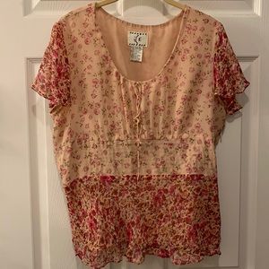ICE SILK TOP PINK/ROSE 100% SHEER/LINED SILK::SZ XL DRAWSTRING NECK/BIAS CUT